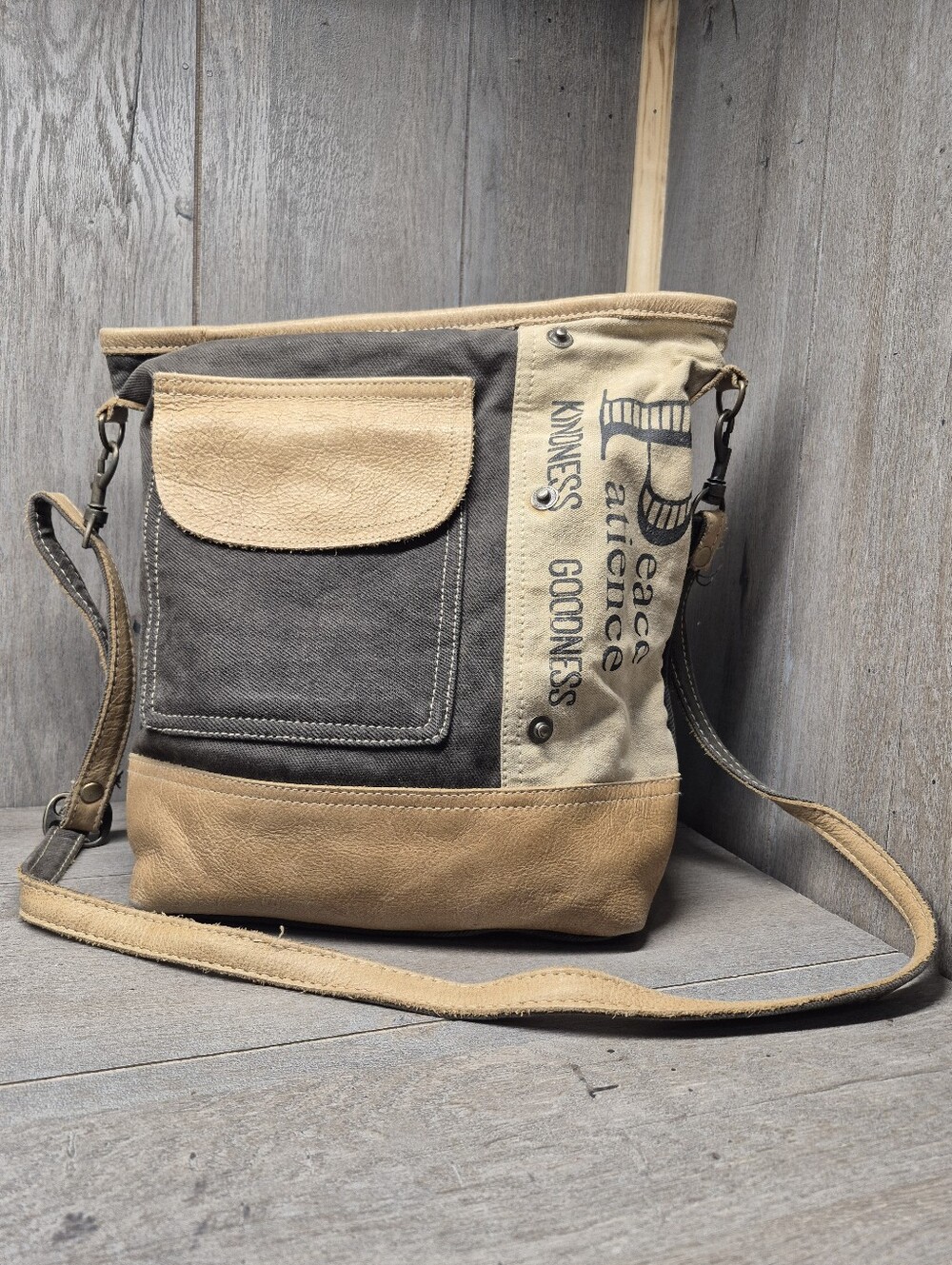 Myra Bag Peace Pocket Military Canvas Cross Body Leather Denim Purse Bag